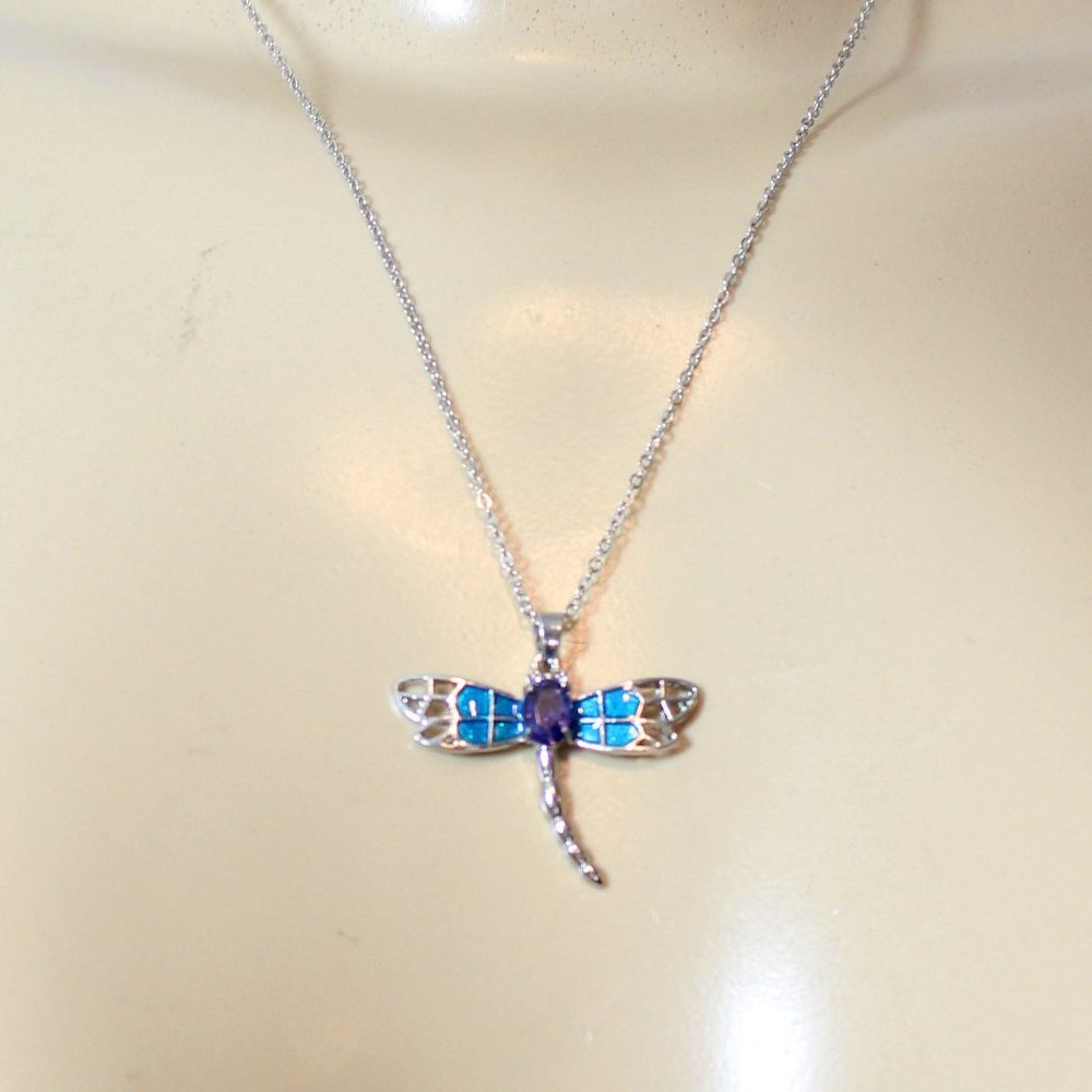 🦋Silver Dragonfly Dreams Whimsical Purple Teal Faux Opal & Amethyst Necklace